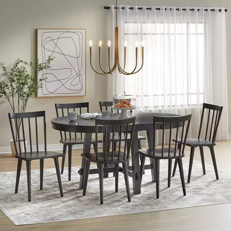 Set da pranzo allungabile Edmonton Farmhouse 7 pz con sedie in legno massello nero opaco