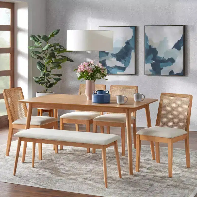 Set da pranzo Newington da 6 pezzi in rovere chiaro/beige con panca
