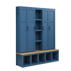 Black / White / Blue Farmhouse Hall Tree with Shoe Cabinet, Bench, Hooks and Open Shelves for 1窶・ Person
