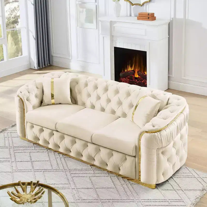 Luxurious 90.6 Inch Velvet Chesterfield Sofa with Button Tufting, Gold Accents, and 2 Pillows - Premium 280g Italian Velvet for Elegant Living Rooms