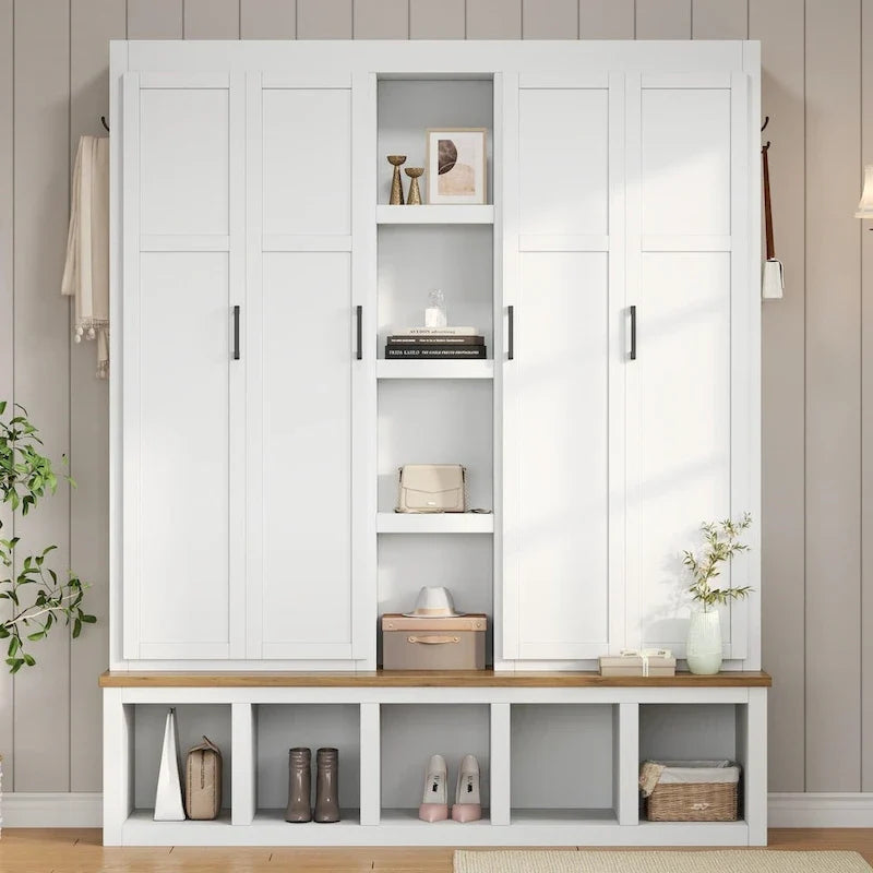 Black / White / Blue Farmhouse Hall Tree with Shoe Cabinet, Bench, Hooks and Open Shelves for 1窶・ Person
