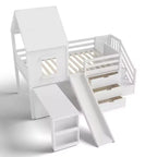 Letto a soppalco singolo con 3 cassetti e scala contenitore, struttura a casetta in legno con scivolo e scrivania rimovibile