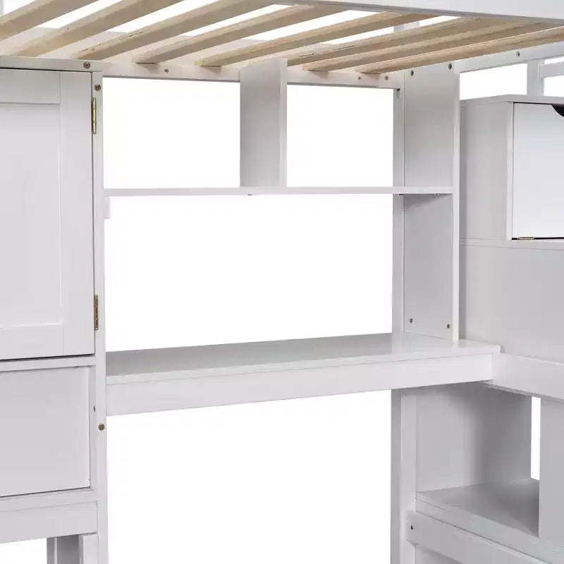Wood Twin Size Bunk Bed with Desk and Staircase, L-Shaped Twin over Twin Loft Bed with Storage Compartments and Shelves