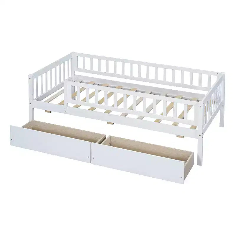 Twin Size Low Daybed with Storage Drawers, Wood Twin Platform Bed Frame with Rails for Boys and Girls Bedroom