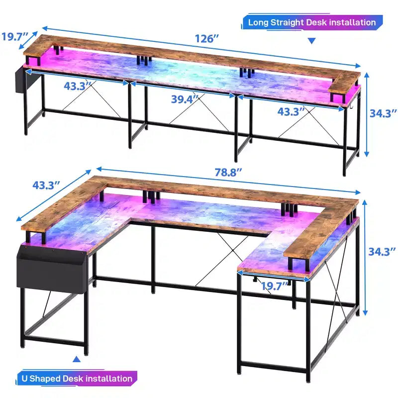 COZONY 78 U/L Shaped Gaming Desk, Reversible Computer Desk with Power Outlets, LED Lights, Monitor Stand & Storage Shelf, Corner Desk for Home Office