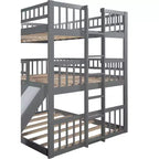 Full Over Full Triple Bunk Bed with Convertible Ladder and Slide, Triple Bed with Guardrails, White/Gray/Espresso - ModernLuxe