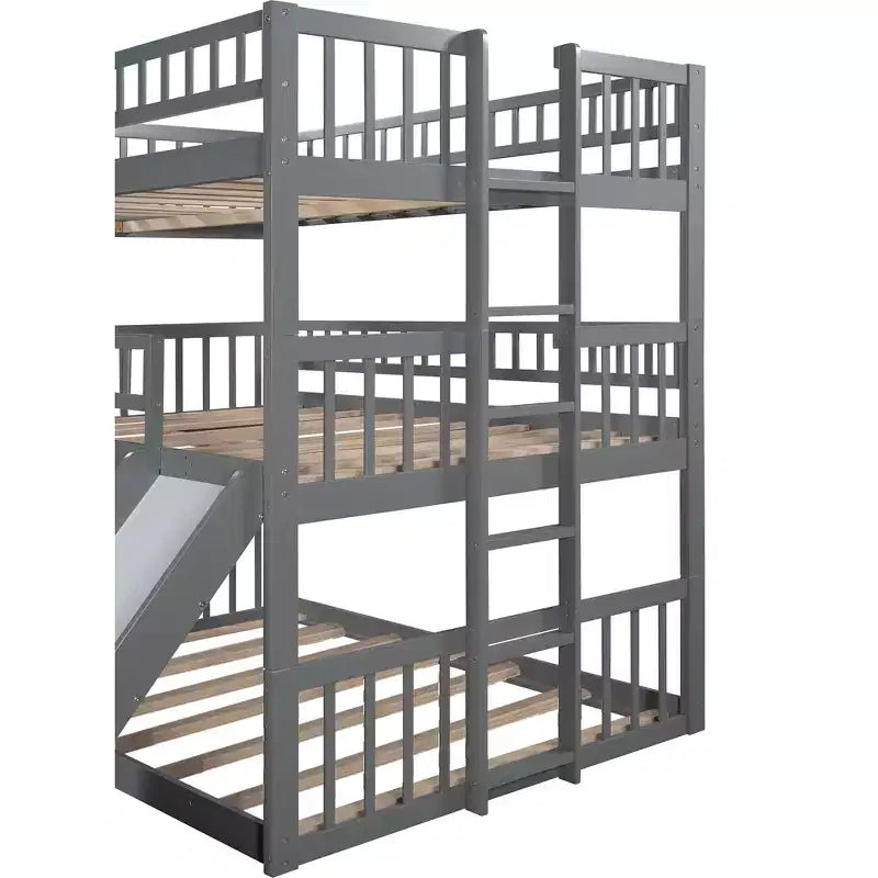 Full Over Full Triple Bunk Bed with Convertible Ladder and Slide, Triple Bed with Guardrails, White/Gray/Espresso - ModernLuxe