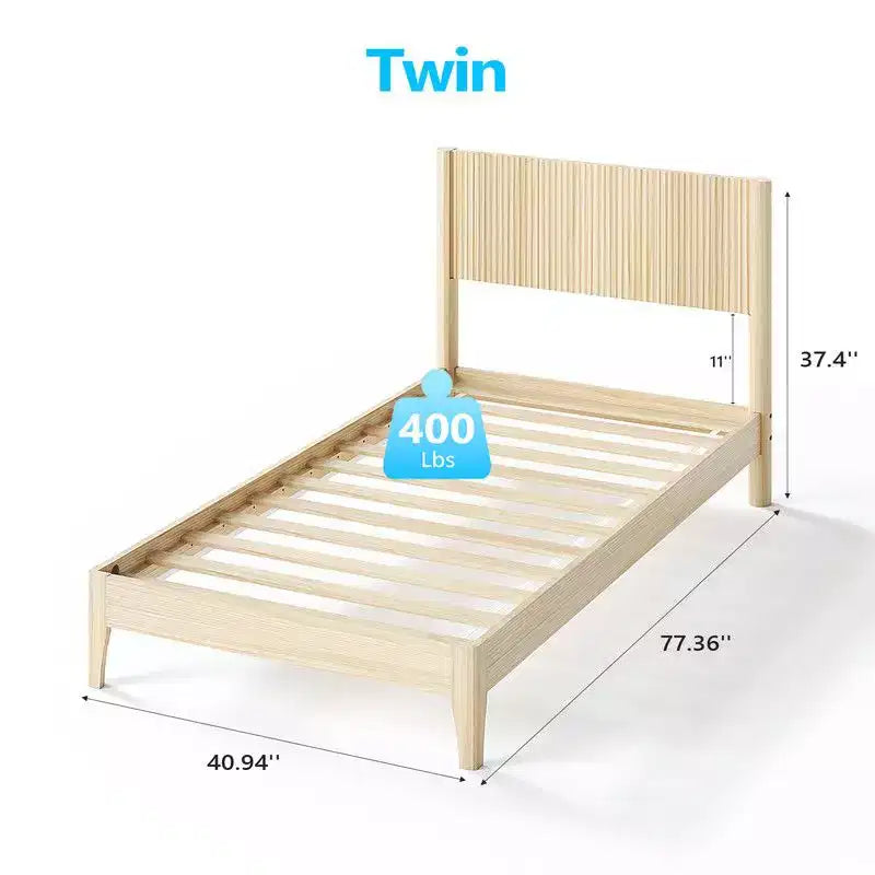 Solid Wood Twin Platform Bed Frame with Grille Headboard