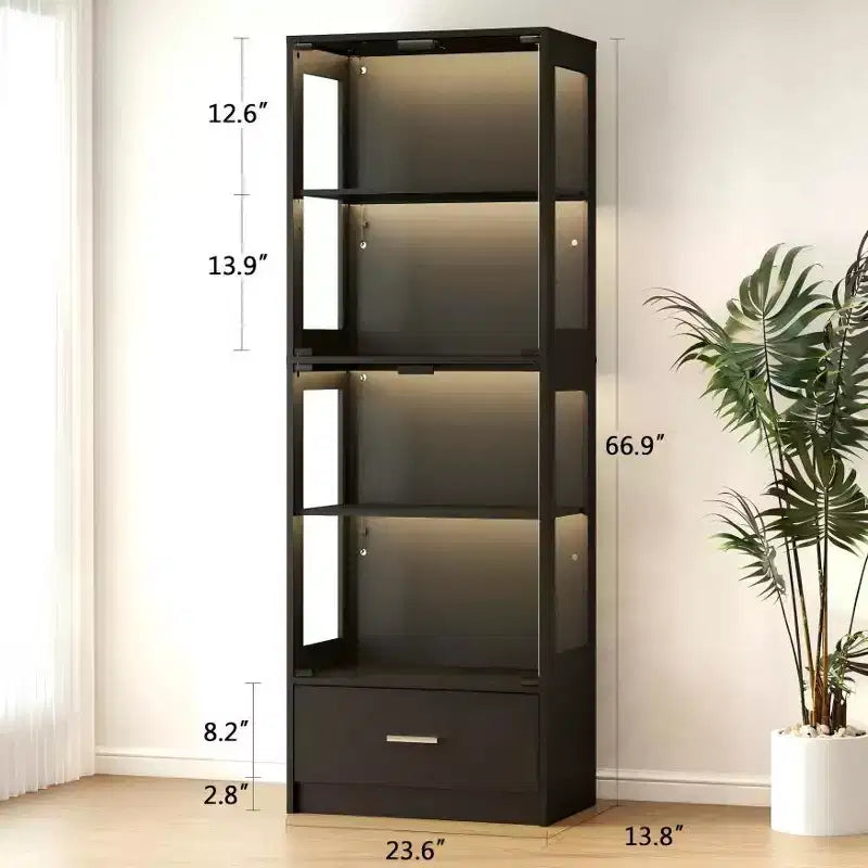 Skyzoo 5-Tier Glass Display Cabinet with LED Lights & Adjustable Shelves & 1 Drawer, Curio Cabinet for Home & Office