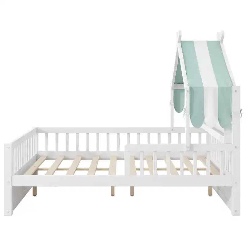 ModernLuxe Twin/Full Size Wooden House Bed with Storage Headboard, Solid Pine Kids Bed Frame with Guardrails