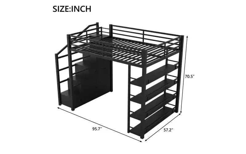 Queen Size Metal Loft Bed with Storage Shelves, Cabinets and Wardrobe