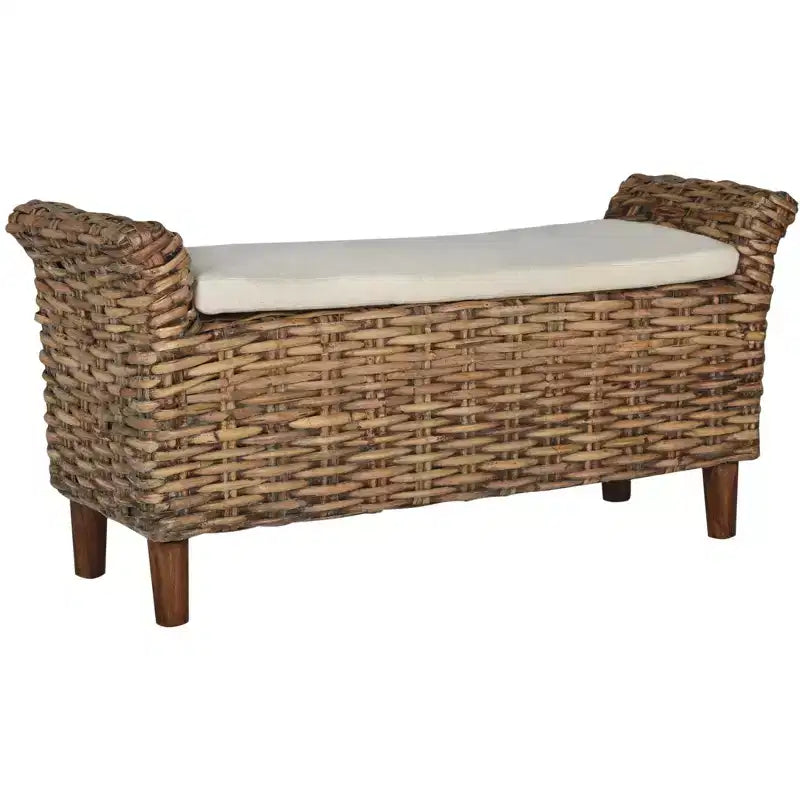 Upholstered Bench with Mango Wood and Rattan Frame, White and Brown