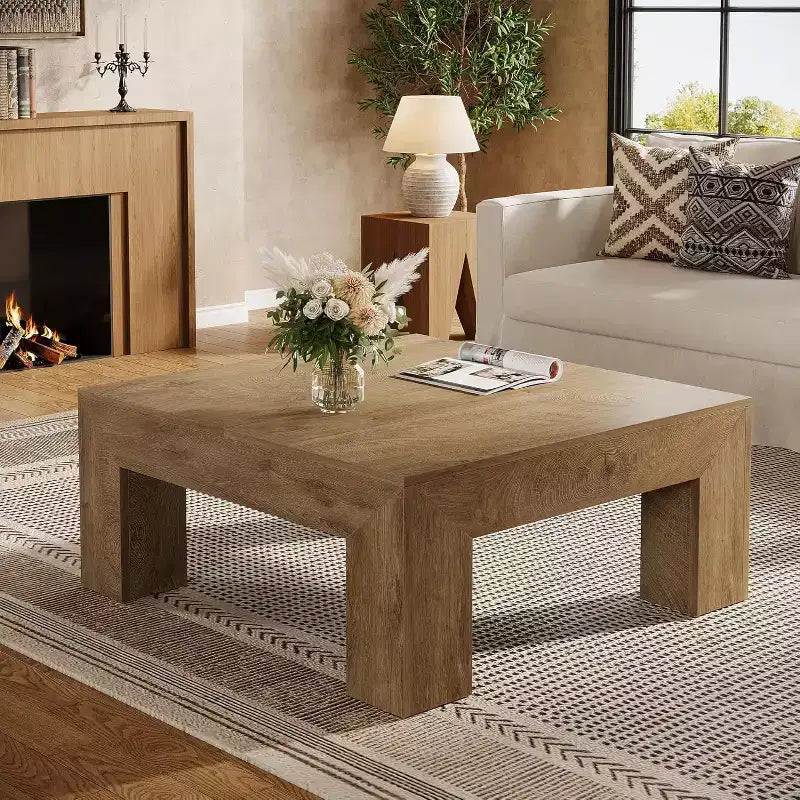 Table basse carrée Lantine de 99 cm pour salon, table basse d'appoint style ferme avec pieds en bois robustes, montage facile