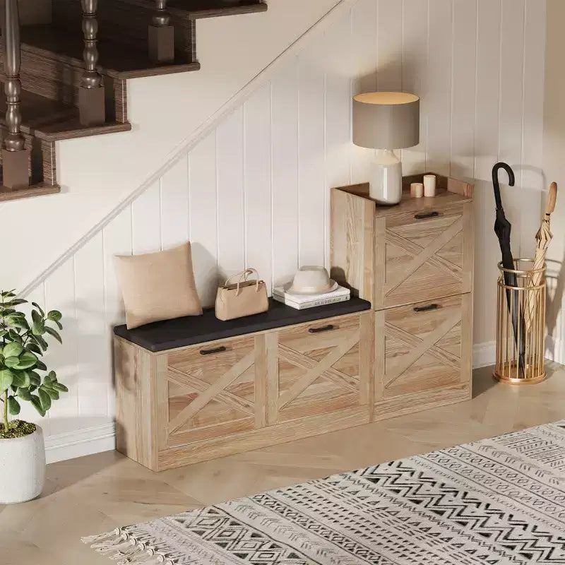 Bench with 4 flip-up drawers and padded seat cushion, Wooden narrow shoe storage rack, Suitable for living room entryway bench