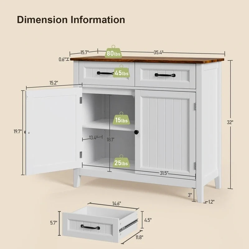 Buffet de cuisine avec 2 tiroirs, meuble de rangement, console de café, meuble d'entrée en bois avec placard à double porte