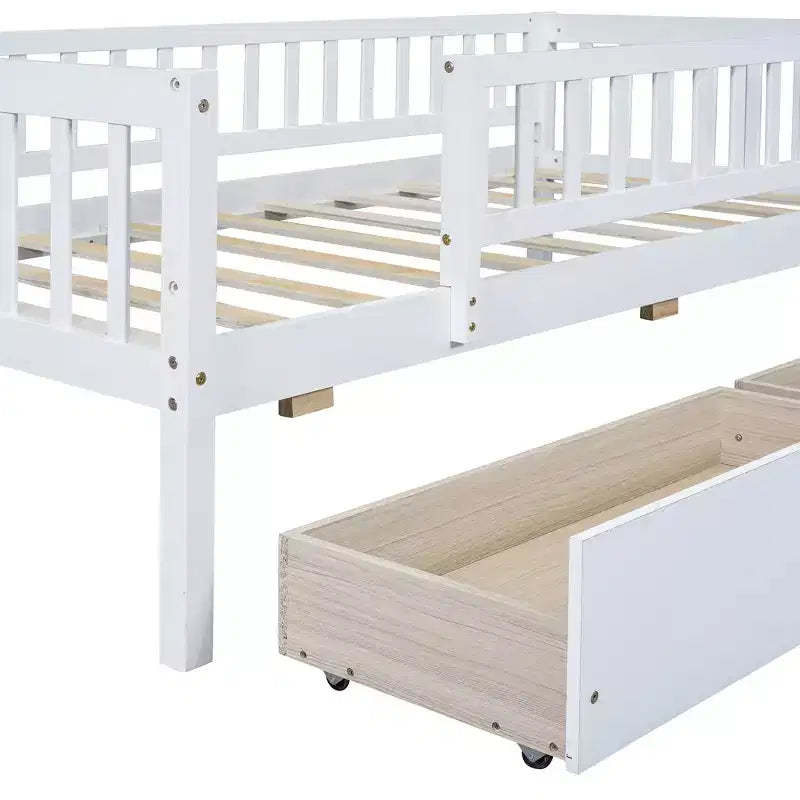 Twin Size Low Daybed with Storage Drawers, Wood Twin Platform Bed Frame with Rails for Boys and Girls Bedroom