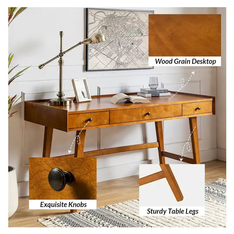 Mid-century Office Desk with Drawer Divider&Cable Management&Charging Station