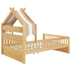 ModernLuxe Twin/Full Size Wooden House Bed with Storage Headboard, Solid Pine Kids Bed Frame with Guardrails