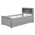 Platform Bed with Trundle and Drawers, Storage Platform Bed with USB, Wood Platform Bed with Bookcase