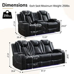 Power Reclining Sofa with Wireless Charger,Reading Light for Living Room,Faux Leather LED Light,AC/USB Port,Cup Holder,Black