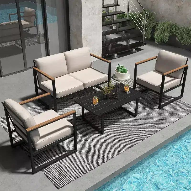 Ensembles de meubles de patio en métal d'extérieur pour 4 personnes, meubles de jardin avec causeuse et table basse, pour porche, appartements, jardin