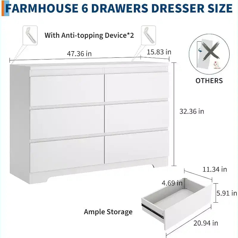 Commode à 6 tiroirs, style moderne et simple pour chambre à coucher, blanche