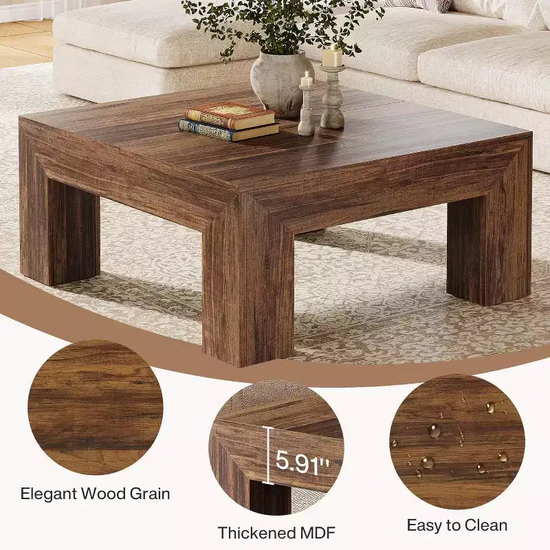 Table basse carrée Lantine de 99 cm pour salon, table basse d'appoint style ferme avec pieds en bois robustes, montage facile