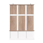 White and Oak Entryway Storage Bench with Hooks, Shelves, and 2 Woven Baskets Hall Tree