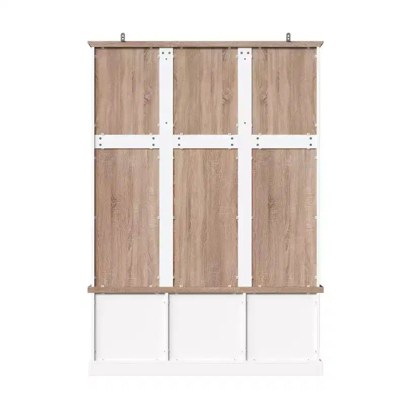 White and Oak Entryway Storage Bench with Hooks, Shelves, and 2 Woven Baskets Hall Tree
