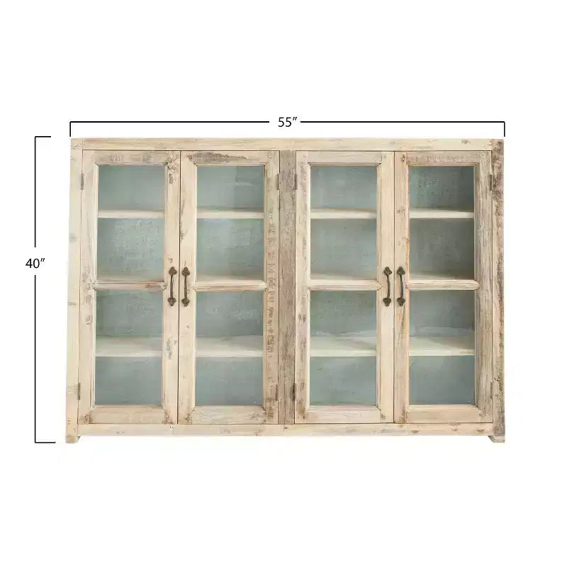 40 Tall 4-Door Reclaimed Wood and Metal Storage Cabinet with Glass Doors, Brown