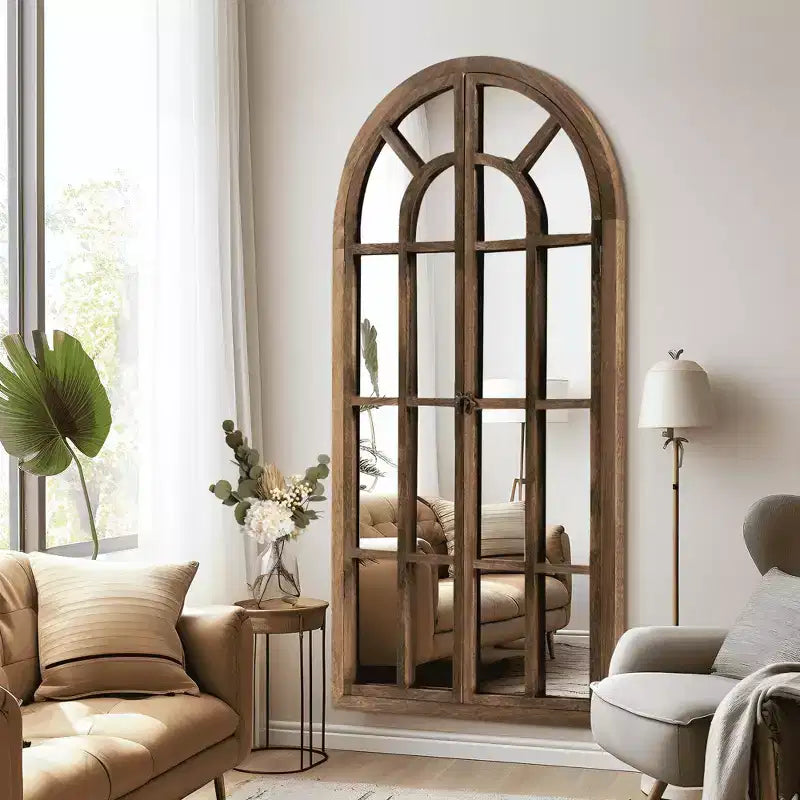 Full-Length Wall Mirror, Solid Wood Grid Arch Design, Openable, No Stand