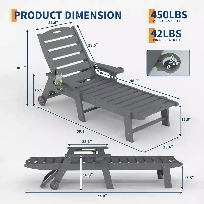 Lot de 2 chaises longues pliantes réglables 5 positions en PEHD, transats d'extérieur avec porte-gobelet, roulettes, accoudoirs, résine durable