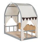 Solid Wood Playhouse Platform Bed Floor Montessori Bed Frame with Arched Roof and Trundle for Girls and Boys