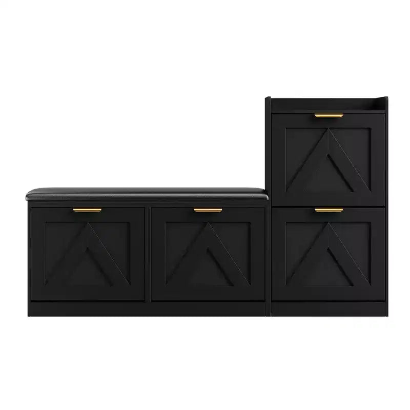 Farmhouse Shoe Cabinet with Bench, 4 Flip Drawers Entryway Shoe Storage Organizer with Comfort Cushioned Seat, Freestanding Shoe Rack Bench