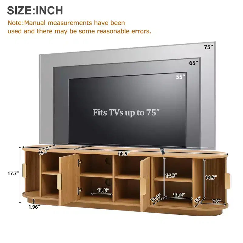 Meuble TV en bois GDFStudio Roy Farmhouse avec porte coulissante à tambour et rangement réglable