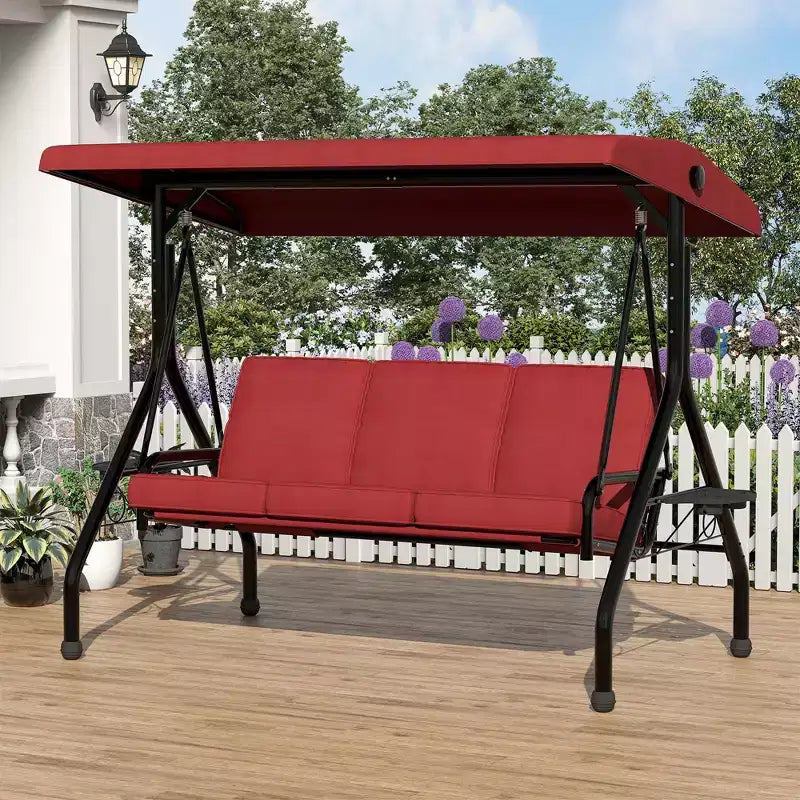 3 Seat Outdoor Porch Swing, 2-in-1 Patio Swing Chair, Thickened Removable Cushions, Adjustable Canopy, Weather Resistant Steel Frame
