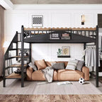 Lit mezzanine en métal ModernLuxe Twin XL/Full/Queen avec escaliers de rangement et étagères, cadre de lit mezzanine robuste, noir