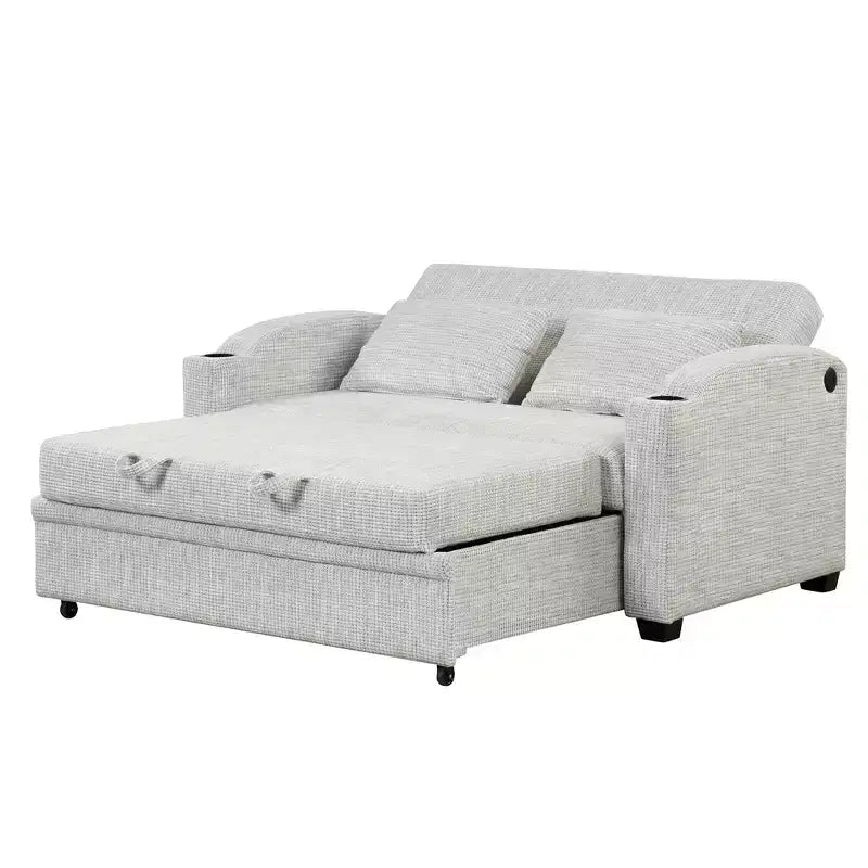 61.6 Modern Chenille Convertible Sofa Bed with USB Ports, Cup Holders & Adjustable Backrest for Living Room, Apartment