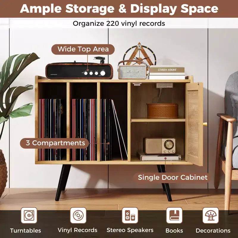 Costway Record Player Stand w/ Charging Station & Rattan Cabinet Adjustable Shelf