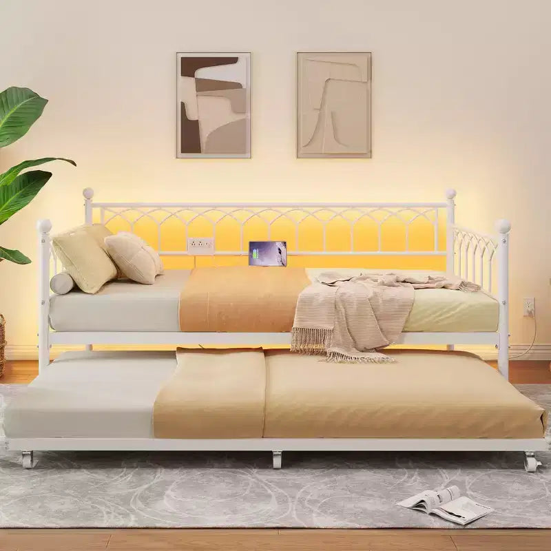 Twin Daybed with Trundle,with Charging Station & LED Lights,Metal Sofa Bed Frame with Pull Out Trundle for Living Room,Bedroom,Guest Room,Apartment