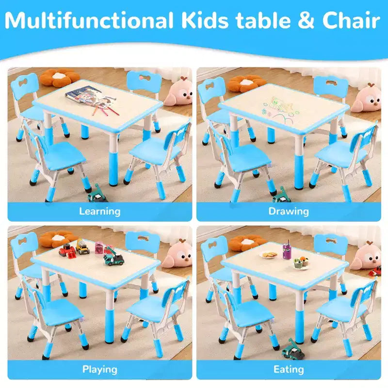 Children's table and 4 chairs, height-adjustable, doodle tabletop, multifunctional children's table and chair set for reading, drawing, dining