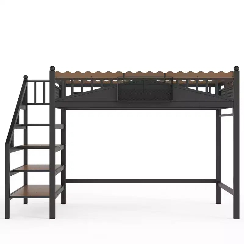 Lit mezzanine en métal ModernLuxe Twin XL/Full/Queen avec escaliers de rangement et étagères, cadre de lit mezzanine robuste, noir
