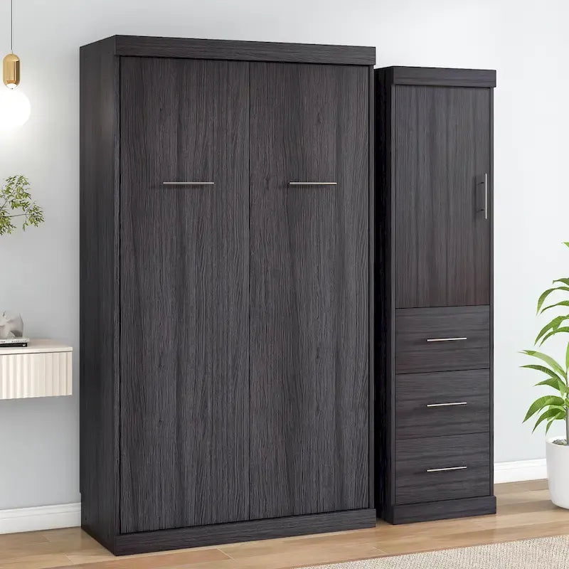 Gray Twin Size Foldable Murphy Bed Cabinet with 1 Wardrobe and 3 Drawers for 1 Person