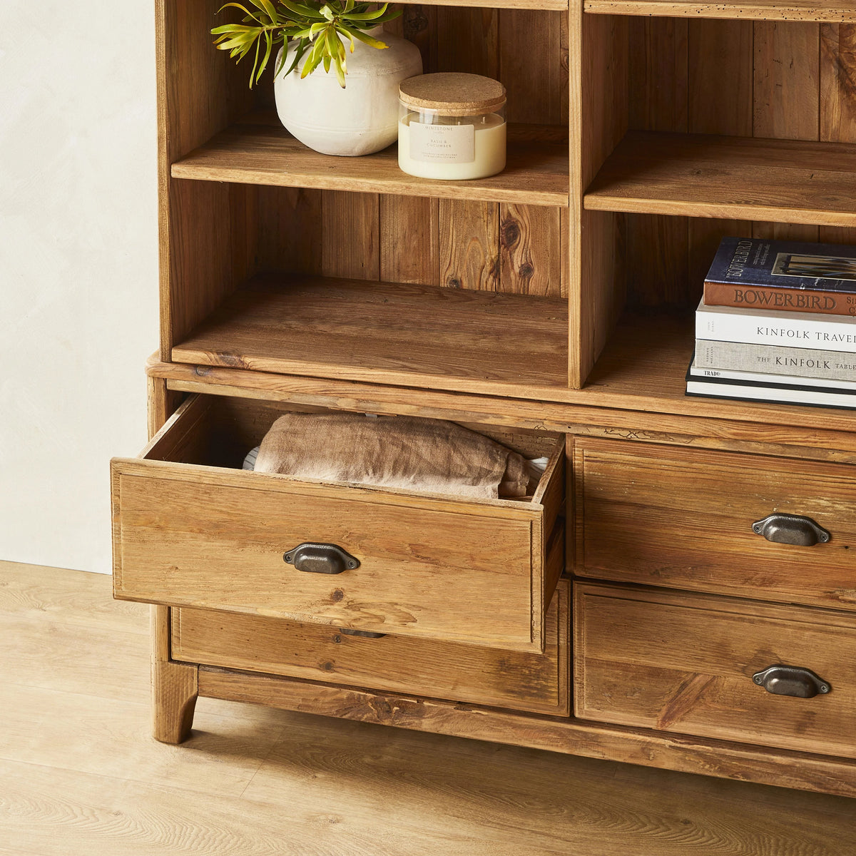 Kalise Reclaimed Timber 6 Drawer Library Shelving Unit Vintage Brown
