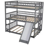 Full Over Full Triple Bunk Bed with Convertible Ladder and Slide, Triple Bed with Guardrails, White/Gray/Espresso - ModernLuxe