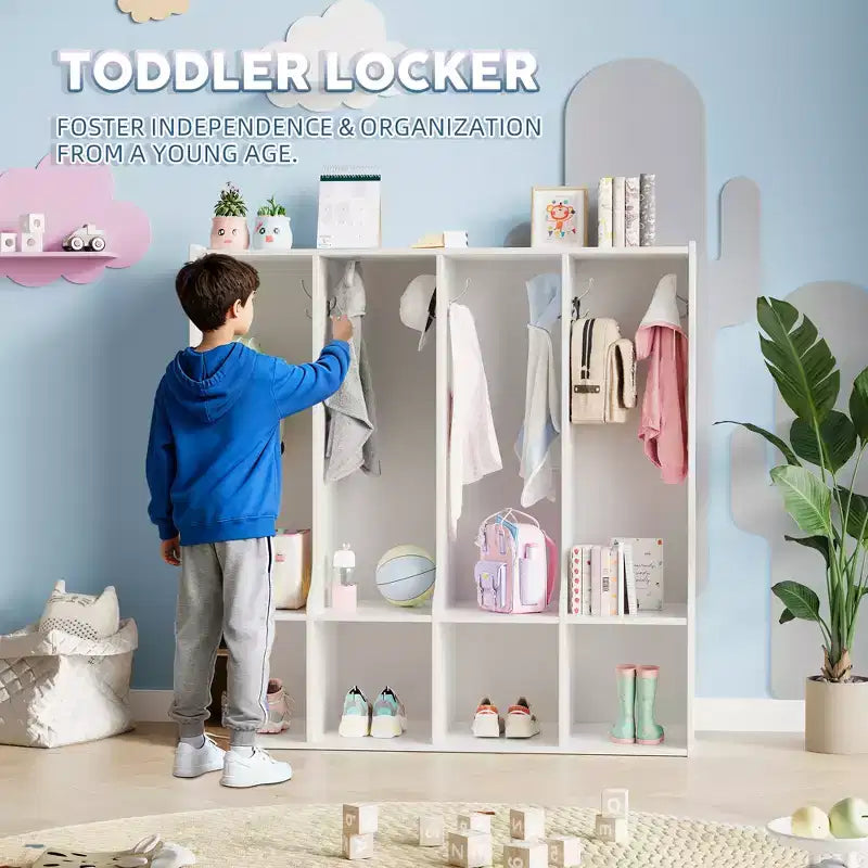 Acekool 4-Section Kids Coat Locker with 4 Cubbies & 8 Hooks for Classroom, Nursery & Home