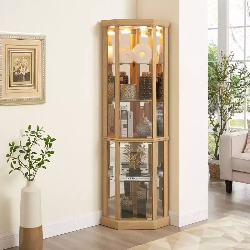 Corner Curio Cabinet with Glass Doors and Shelves, Corner Display Case for Living Room