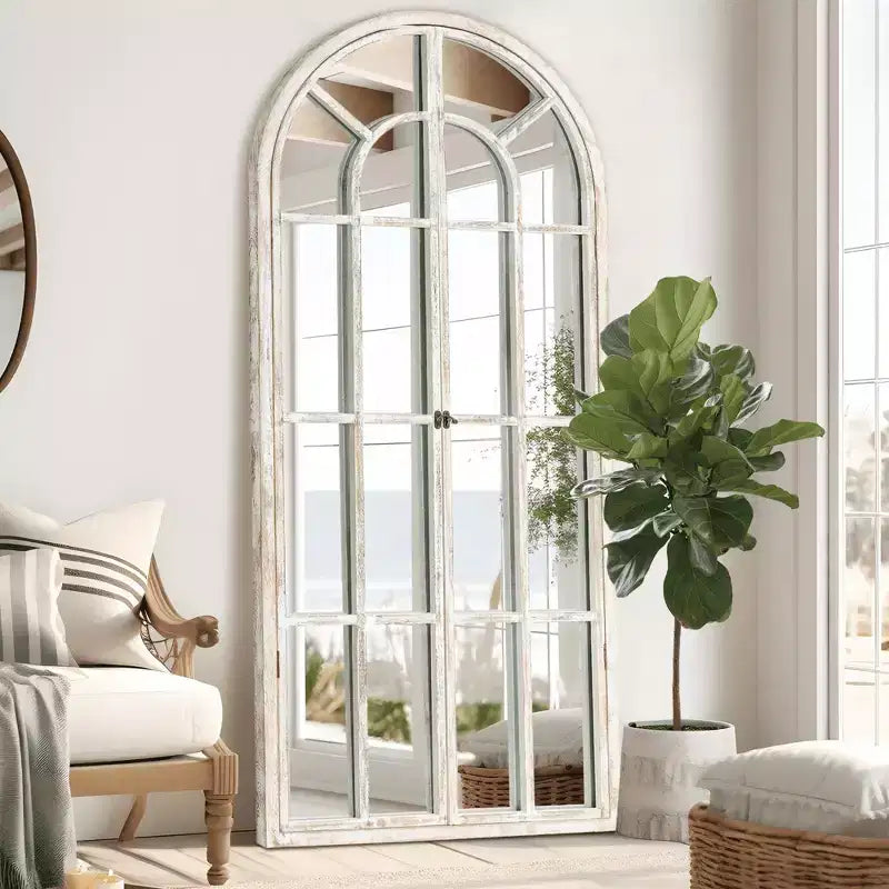 Full-Length Wall Mirror, Solid Wood Grid Arch Design, Openable, No Stand