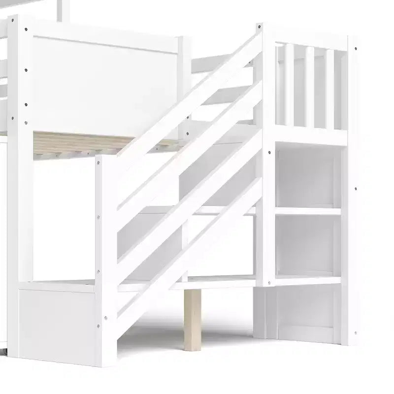 Letto a soppalco singolo con 3 cassetti e scala contenitore, struttura a casetta in legno con scivolo e scrivania rimovibile