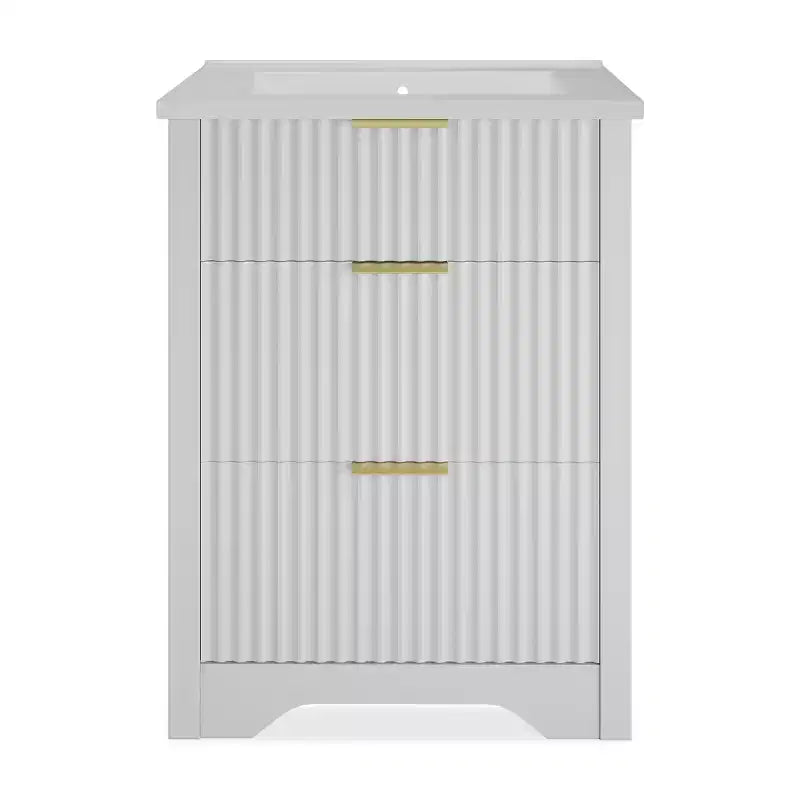 Modern Fluted Bathroom Vanity Set with Integrated Ceramic Basin Freestanding Bathroom Storage Vanity Cabinet with 3 Drawers for Contemporary Bathroom